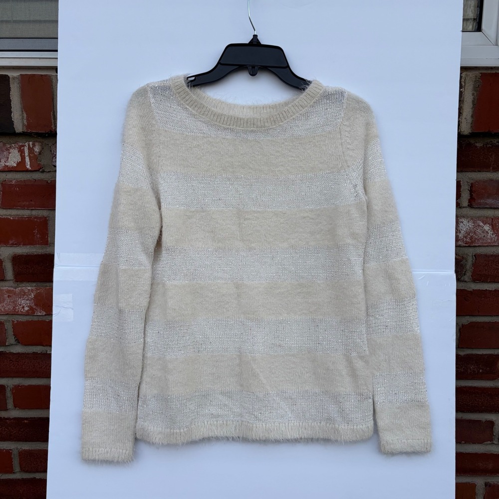 Ann‎ Taylor LOFT Striped Sequin Fuzzy Knit Sweater Ivory Silver Womens Small